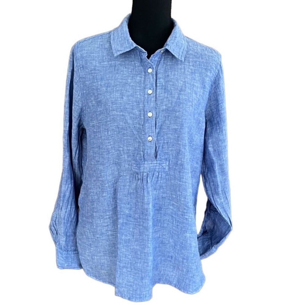 Jones New York 100% linen blue button front relaxed fit top, tab sleeves sz L.